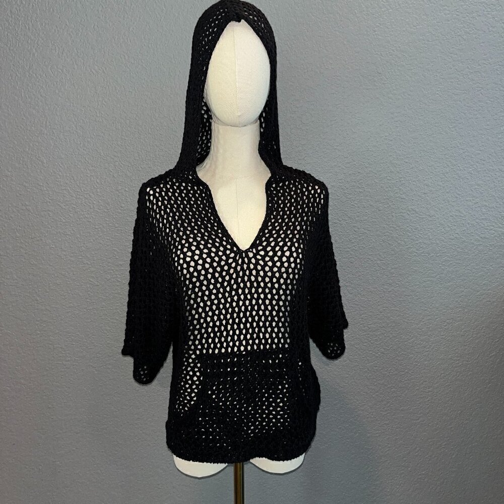 FOREVER 21 Crochet Cropped Hoodie with Kangaroo Pocket Black Swim Cover-Up S